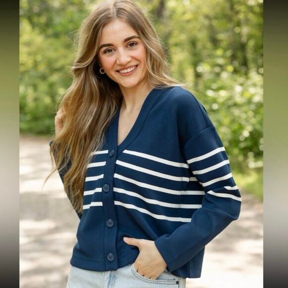 SPANX Sweaters - Spanx AirEssentials Womens Striped Button Front Cardigan Navy XL Nautical Preppy